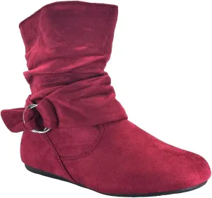 ABSOLEX Women Suede Fashion Slouch Mid Calf Low Heel Casual Slip On Ankle Bootie