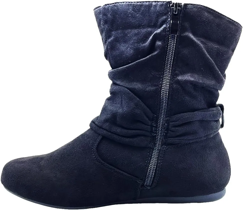 ABSOLEX Women Suede Fashion Slouch Mid Calf Low Heel Casual Slip On Ankle Bootie