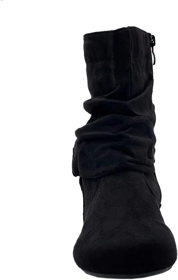ABSOLEX Women Suede Fashion Slouch Mid Calf Low Heel Casual Slip On Ankle Bootie