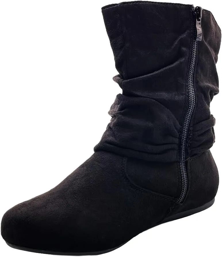 ABSOLEX Women Suede Fashion Slouch Mid Calf Low Heel Casual Slip On Ankle Bootie