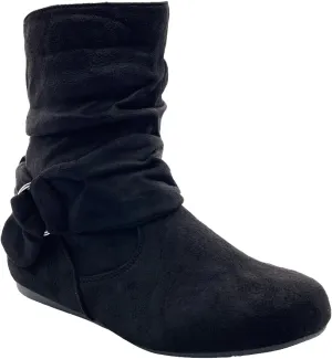 ABSOLEX Women Suede Fashion Slouch Mid Calf Low Heel Casual Slip On Ankle Bootie