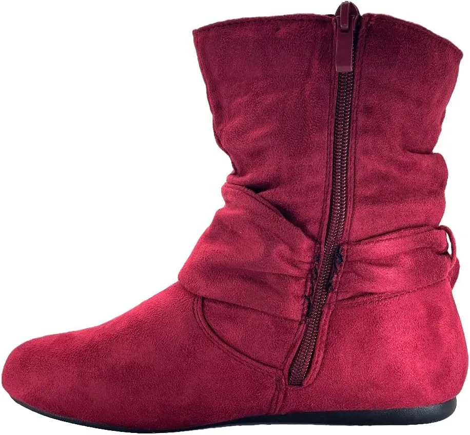 ABSOLEX Women Suede Fashion Slouch Mid Calf Low Heel Casual Slip On Ankle Bootie