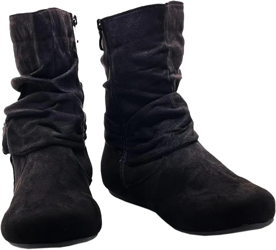 ABSOLEX Women Suede Fashion Slouch Mid Calf Low Heel Casual Slip On Ankle Bootie