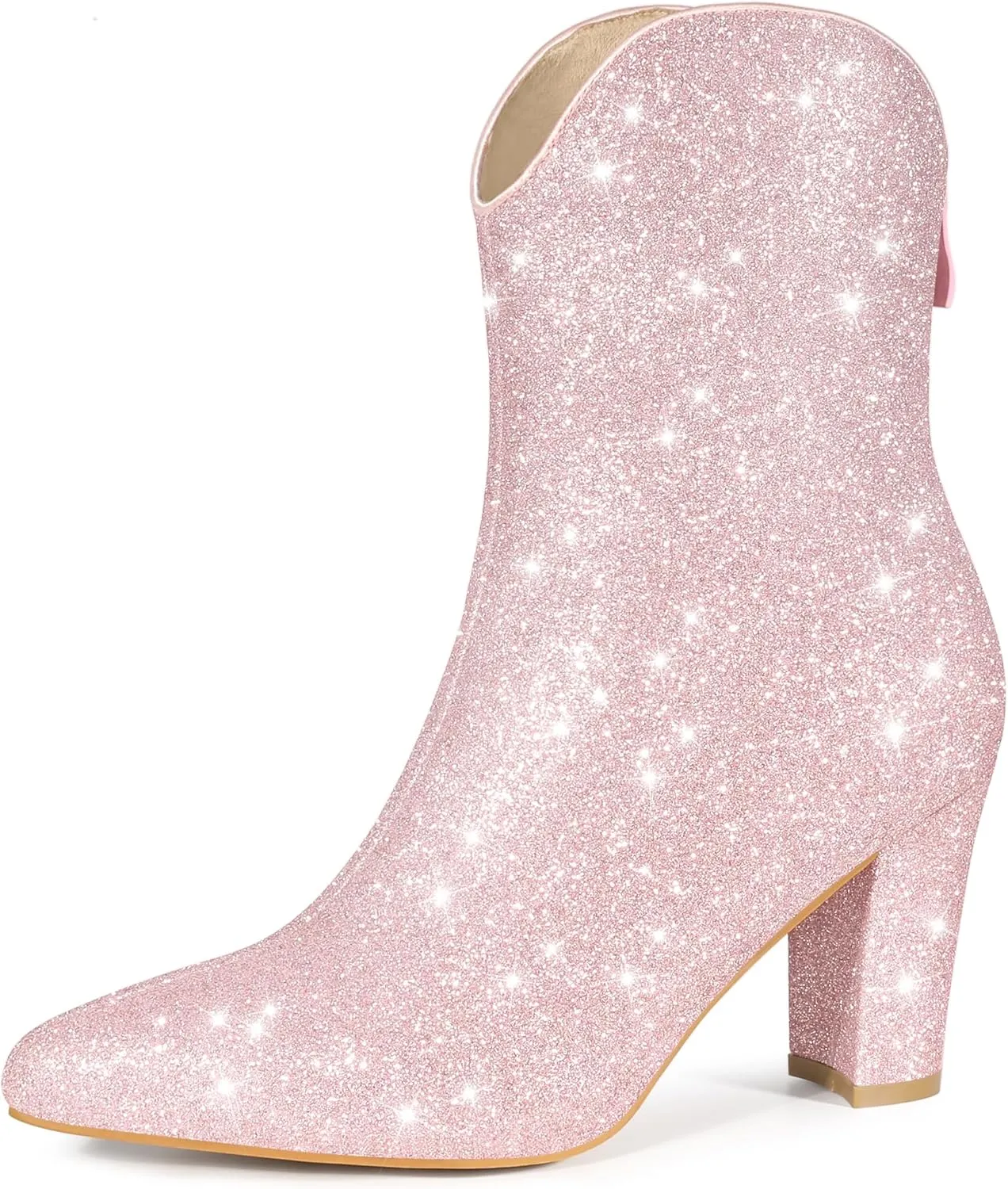 Allegra K Women's Glitter V Shape Pointy Toe Back Zipper Block Heels Mid Calf Boots