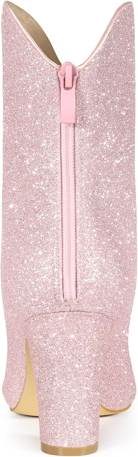 Allegra K Women's Glitter V Shape Pointy Toe Back Zipper Block Heels Mid Calf Boots