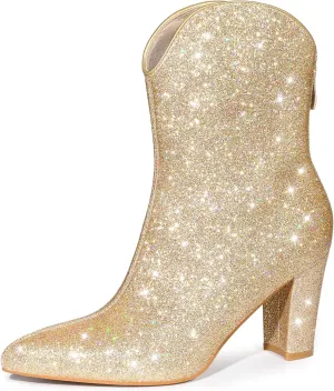 Allegra K Women's Glitter V Shape Pointy Toe Back Zipper Block Heels Mid Calf Boots