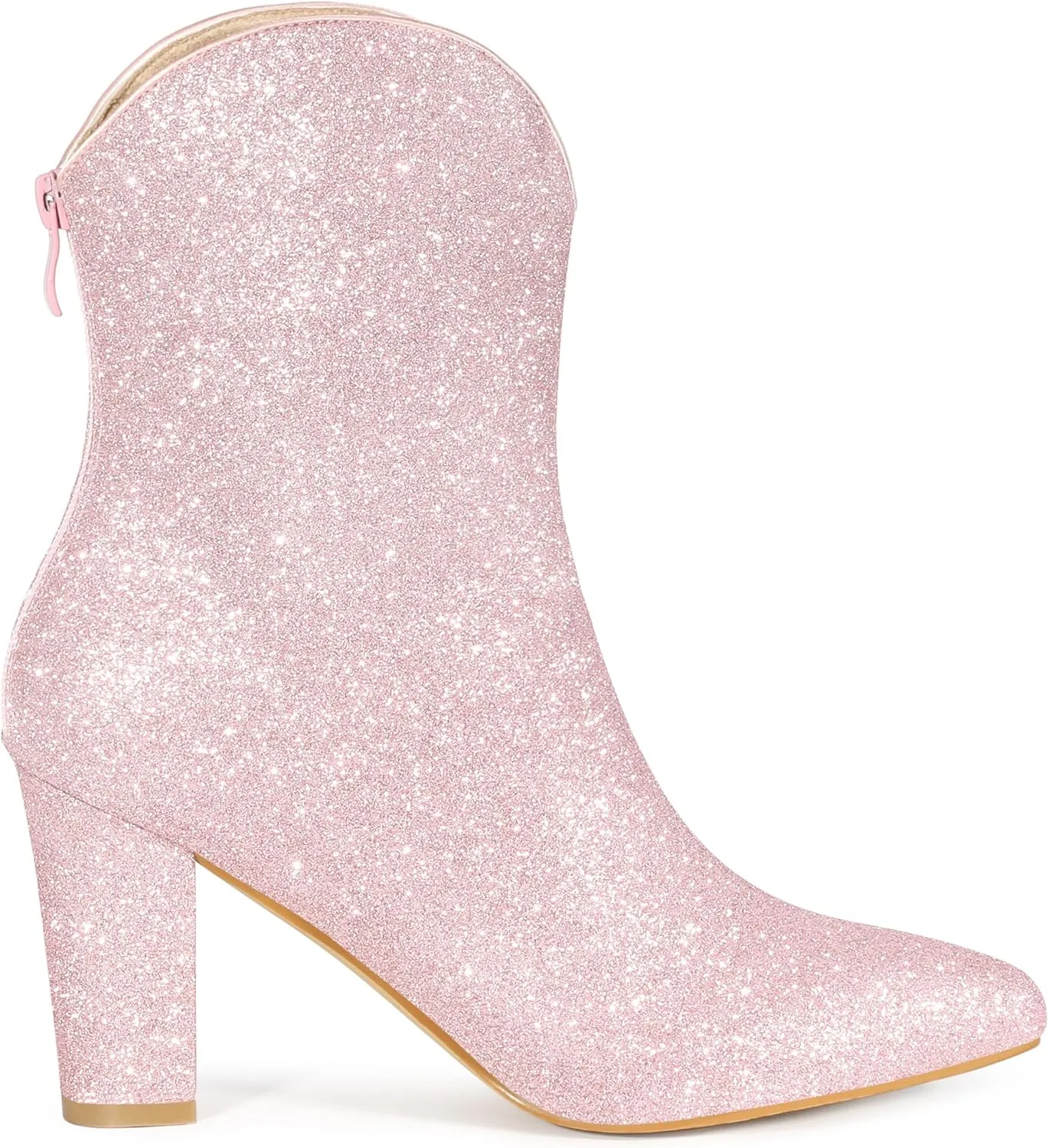 Allegra K Women's Glitter V Shape Pointy Toe Back Zipper Block Heels Mid Calf Boots