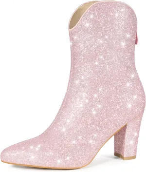 Allegra K Women's Glitter V Shape Pointy Toe Back Zipper Block Heels Mid Calf Boots