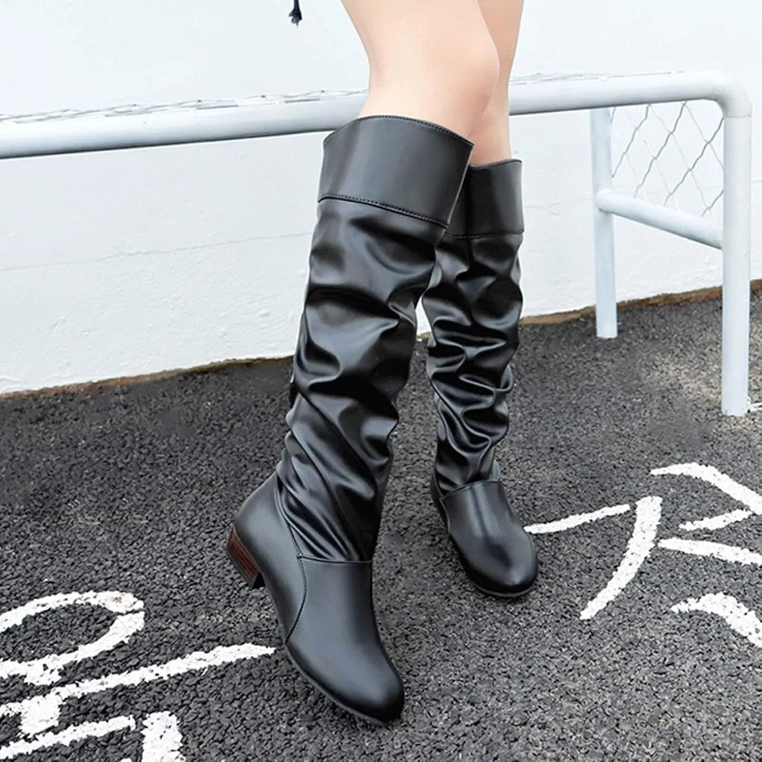 AMDBEL Boots for Women Knee High Wide Calf Boots Low Chunky Heel Boots Fashion Slip-On Leather Long Boots Fall Winter Shoes
