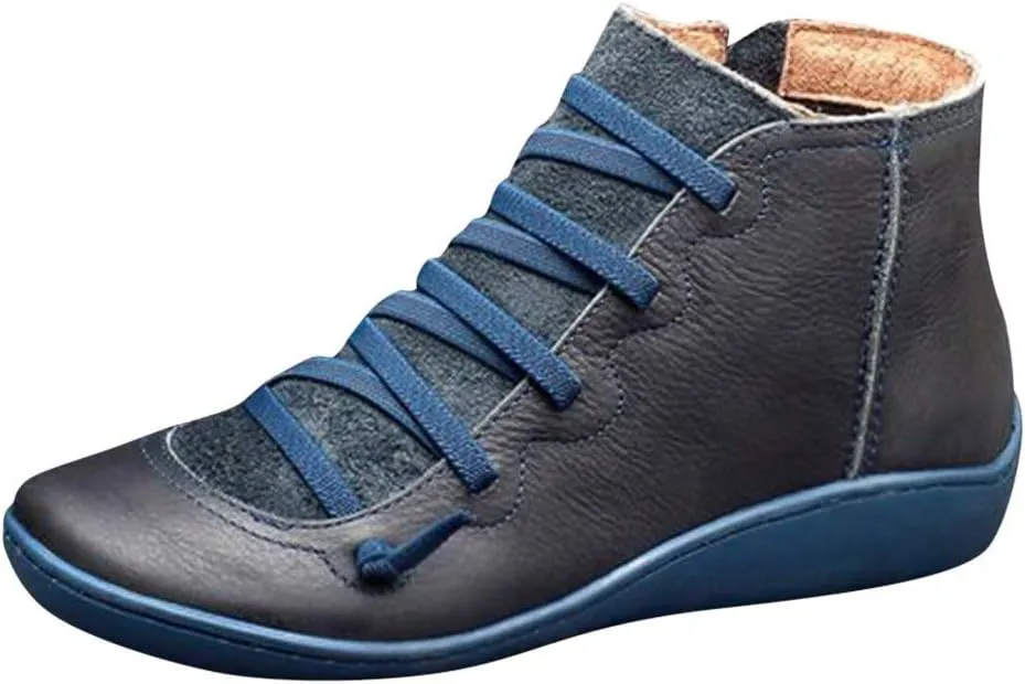 Ankle Booties for Women Flat Heel,Womens Ankle Boots Fashion Lace Up Side Zip Vintage Booties Low Heel Arch Support