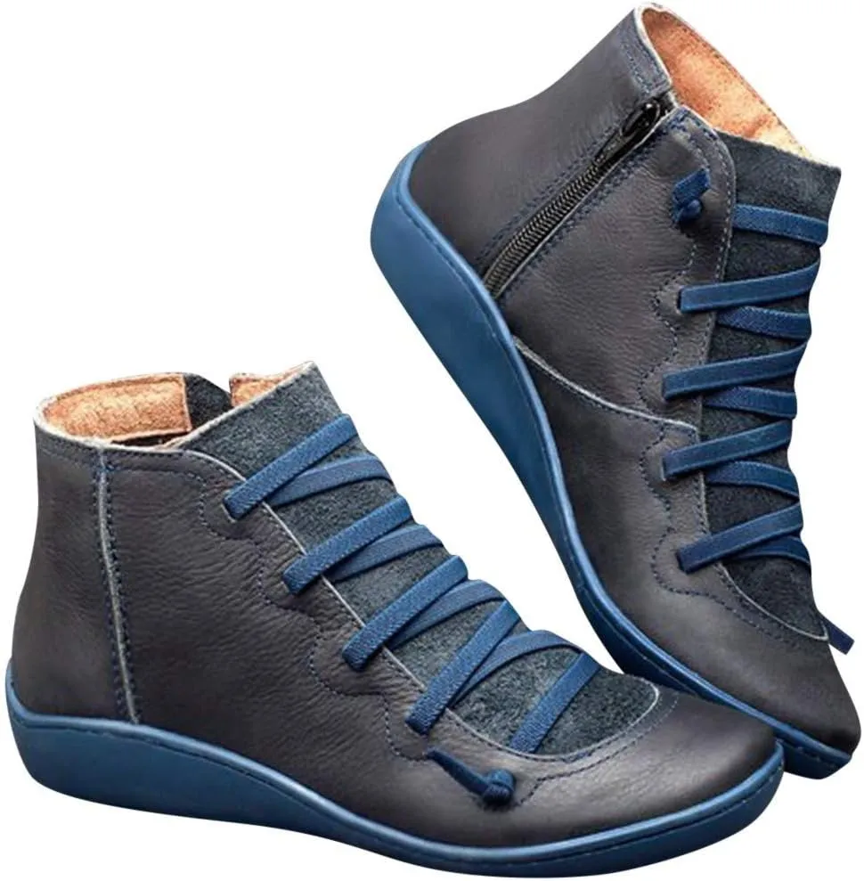 Ankle Booties for Women Flat Heel,Womens Ankle Boots Fashion Lace Up Side Zip Vintage Booties Low Heel Arch Support