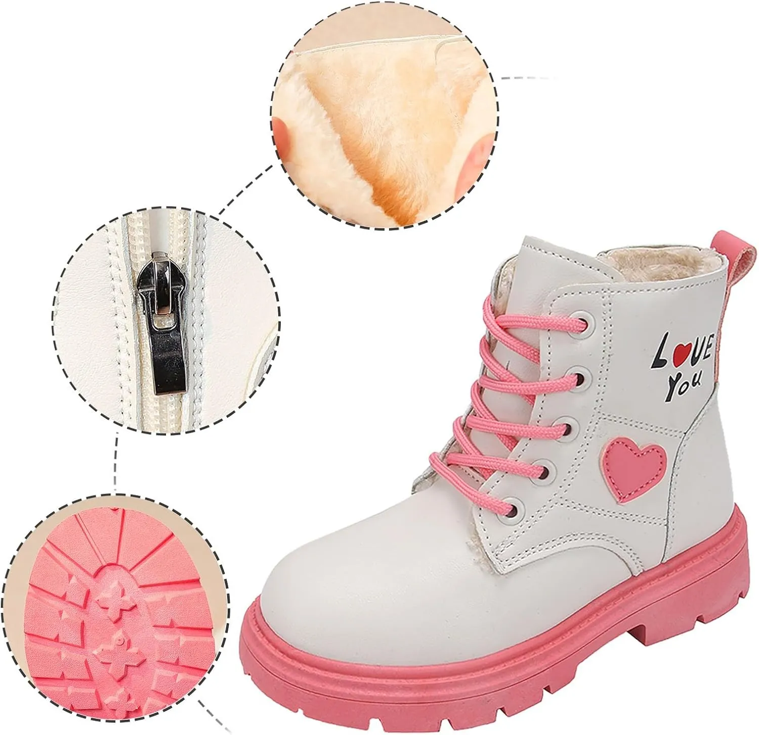 Ankle Boots for Girls Lace up Combat Boots Fashion Fuax Fur Lining Snow Boot Warm Anti-Slip Outdoor Short Winter Shoes