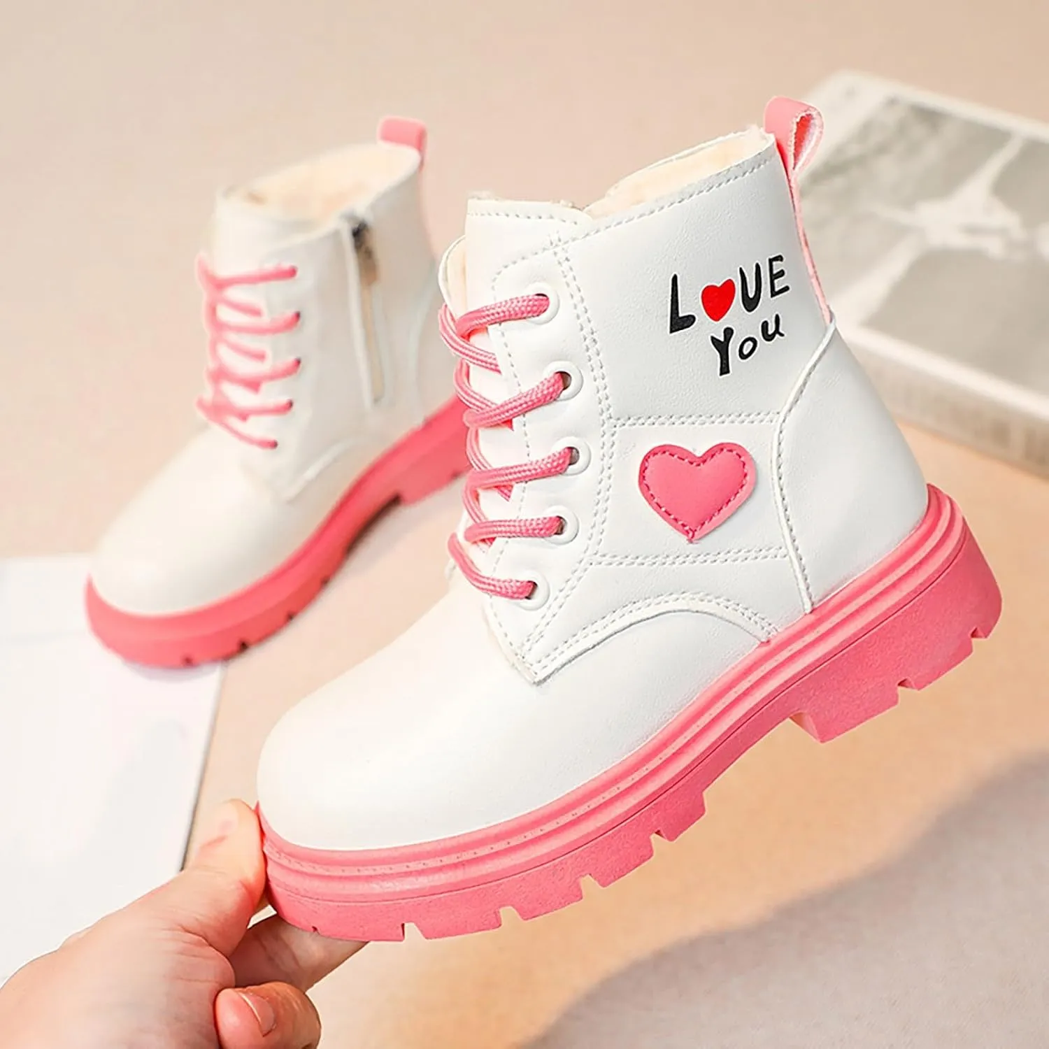 Ankle Boots for Girls Lace up Combat Boots Fashion Fuax Fur Lining Snow Boot Warm Anti-Slip Outdoor Short Winter Shoes