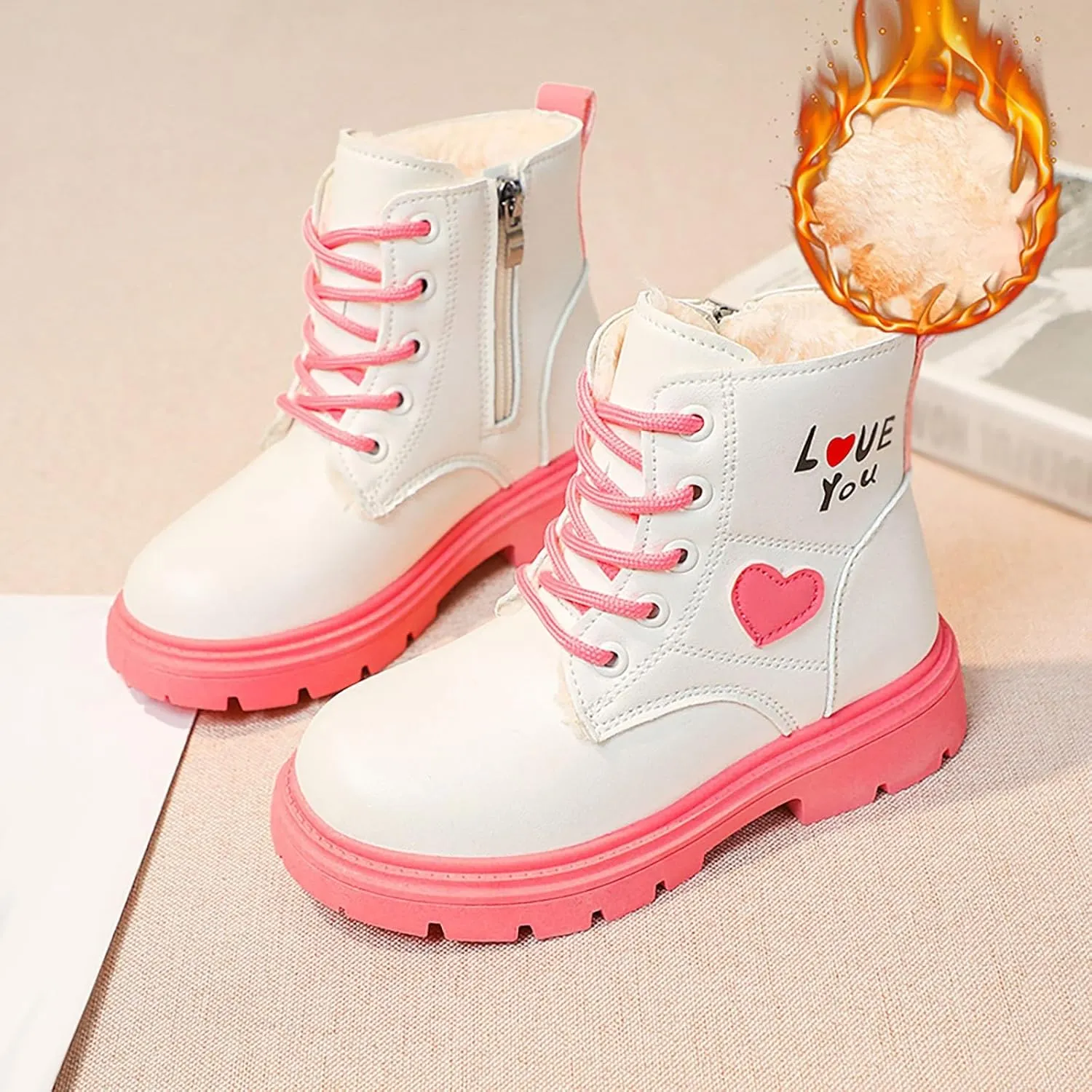 Ankle Boots for Girls Lace up Combat Boots Fashion Fuax Fur Lining Snow Boot Warm Anti-Slip Outdoor Short Winter Shoes