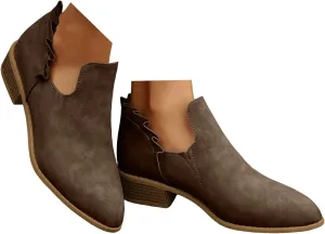 Ankle Boots for Women Low Heels Fall Fashion Chunky Stacked Cutout Booties Dress Short Ruffle Slip On Pointed Toe Shoes Booties