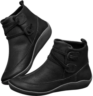 Ankle Boots for Women Low Heel,Winter Snow Boots Non Skid Slip on Flat Heel Booties,Leather Work Combat Short Boots