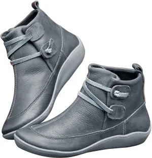 Ankle Boots for Women Low Heel,Winter Snow Boots Non Skid Slip on Flat Heel Booties,Leather Work Combat Short Boots