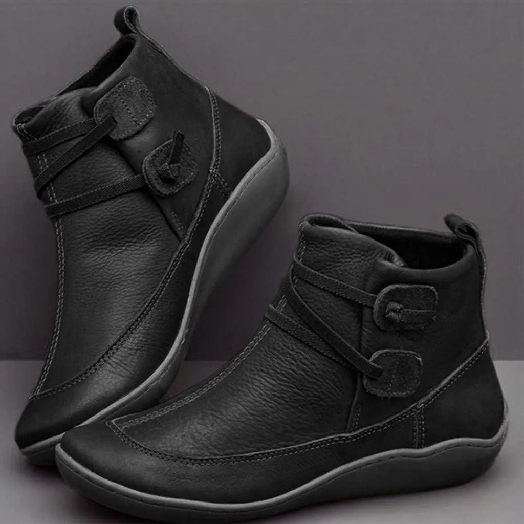 Ankle Boots for Women Low Heel,Winter Snow Boots Non Skid Slip on Flat Heel Booties,Leather Work Combat Short Boots