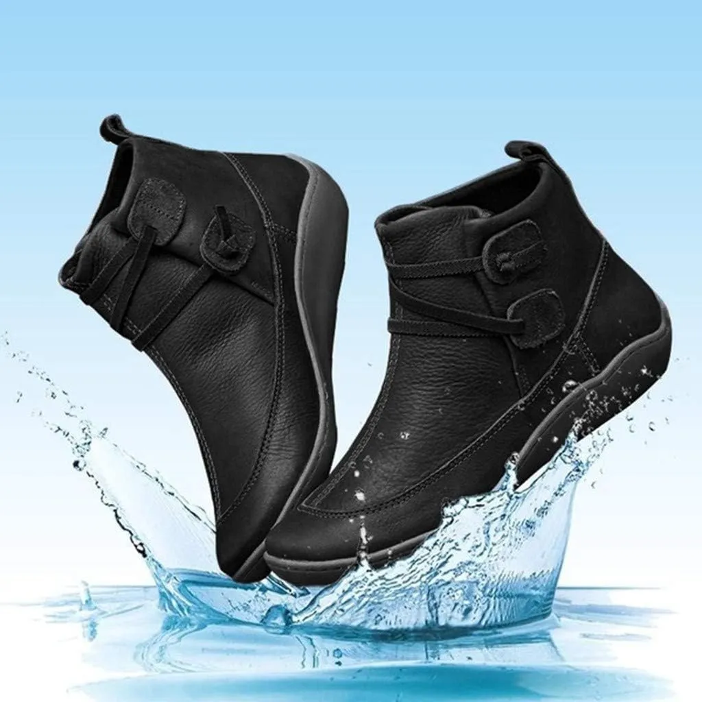 Ankle Boots for Women Low Heel,Winter Snow Boots Non Skid Slip on Flat Heel Booties,Leather Work Combat Short Boots
