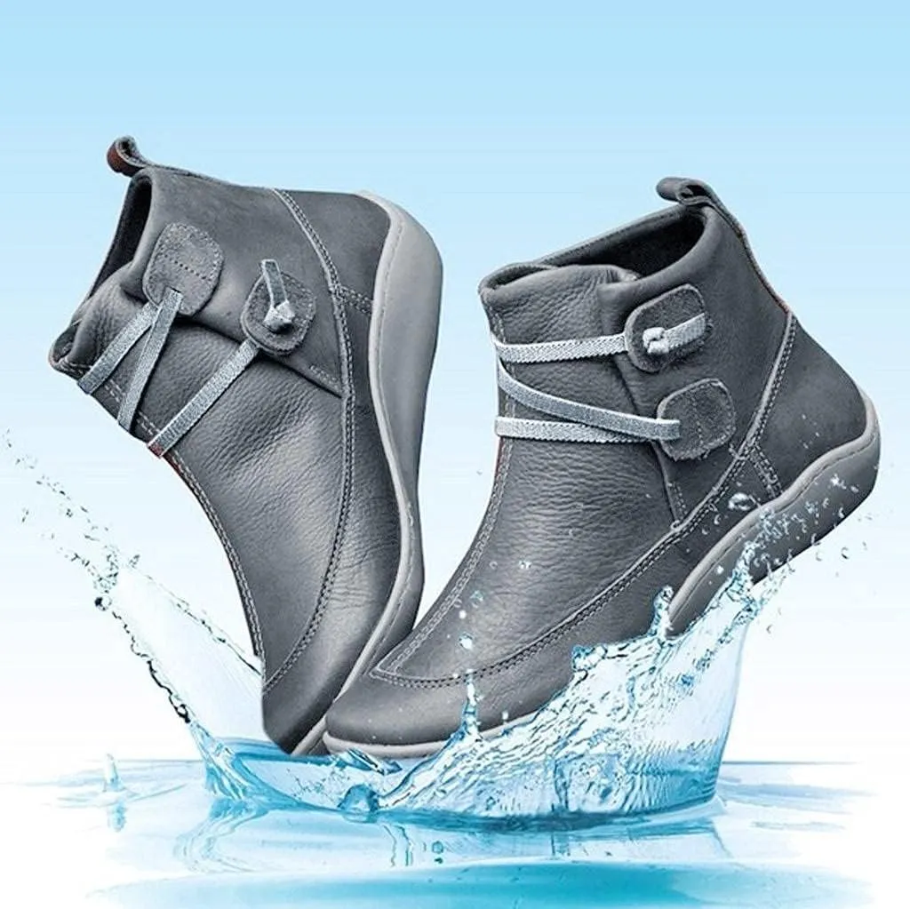 Ankle Boots for Women Low Heel,Winter Snow Boots Non Skid Slip on Flat Heel Booties,Leather Work Combat Short Boots