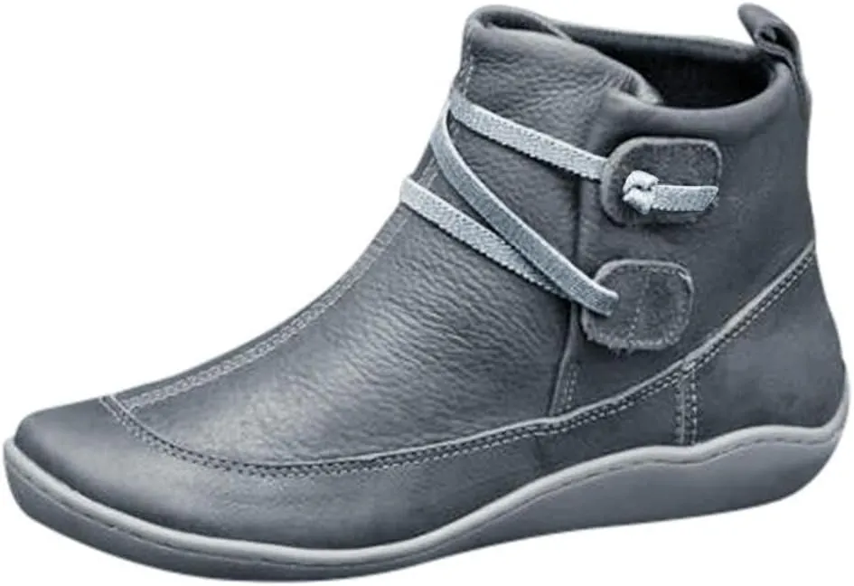 Ankle Boots for Women Low Heel,Winter Snow Boots Non Skid Slip on Flat Heel Booties,Leather Work Combat Short Boots