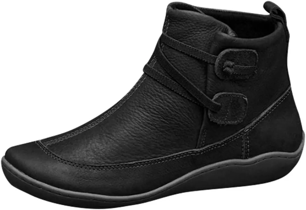 Ankle Boots for Women Low Heel,Winter Snow Boots Non Skid Slip on Flat Heel Booties,Leather Work Combat Short Boots