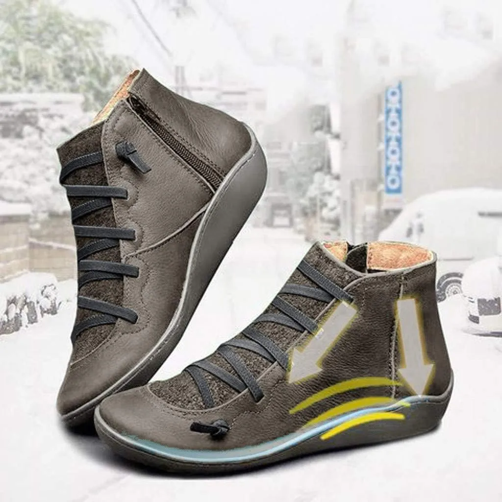 Ankle Boots for Women No Heel,2019 New Arch Support Boots Side Zipper Vintage Leather Damping Shoes Flat Heel Booties