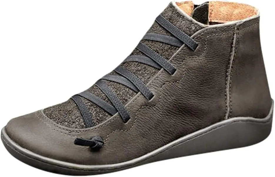Ankle Boots for Women No Heel,2019 New Arch Support Boots Side Zipper Vintage Leather Damping Shoes Flat Heel Booties