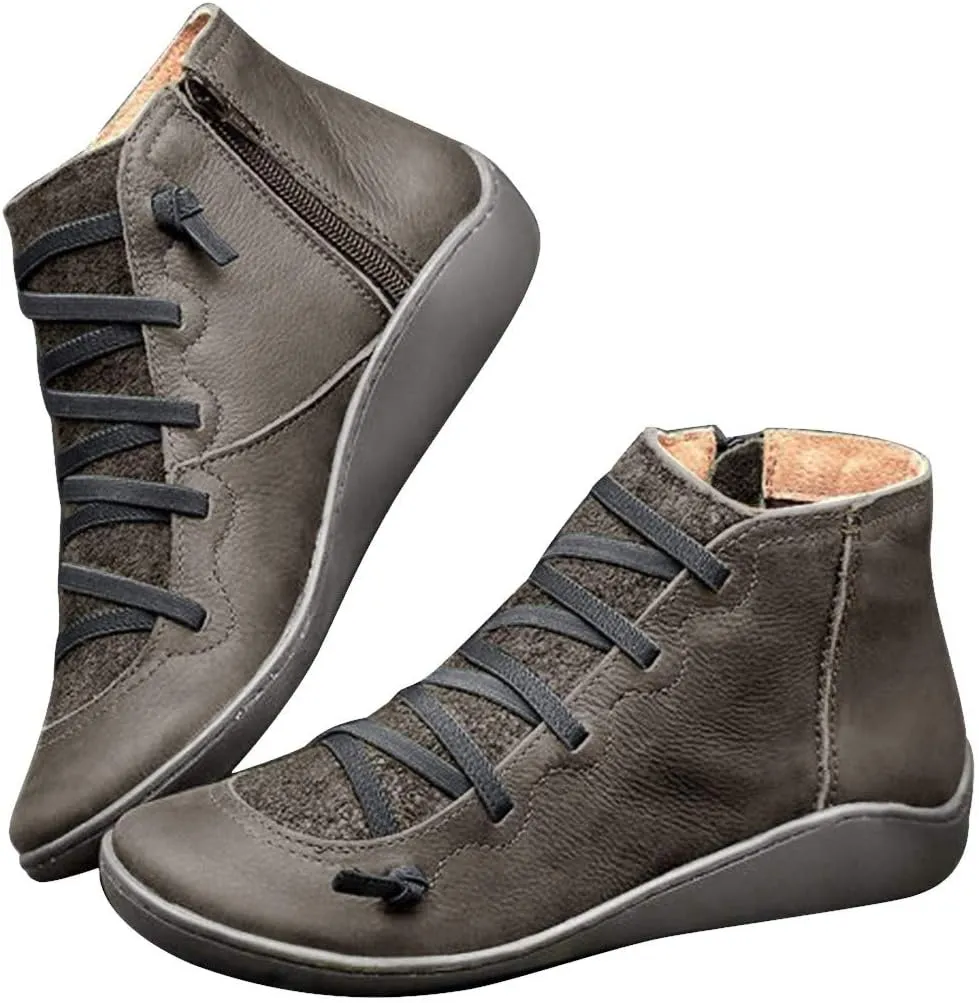 Ankle Boots for Women No Heel,2019 New Arch Support Boots Side Zipper Vintage Leather Damping Shoes Flat Heel Booties