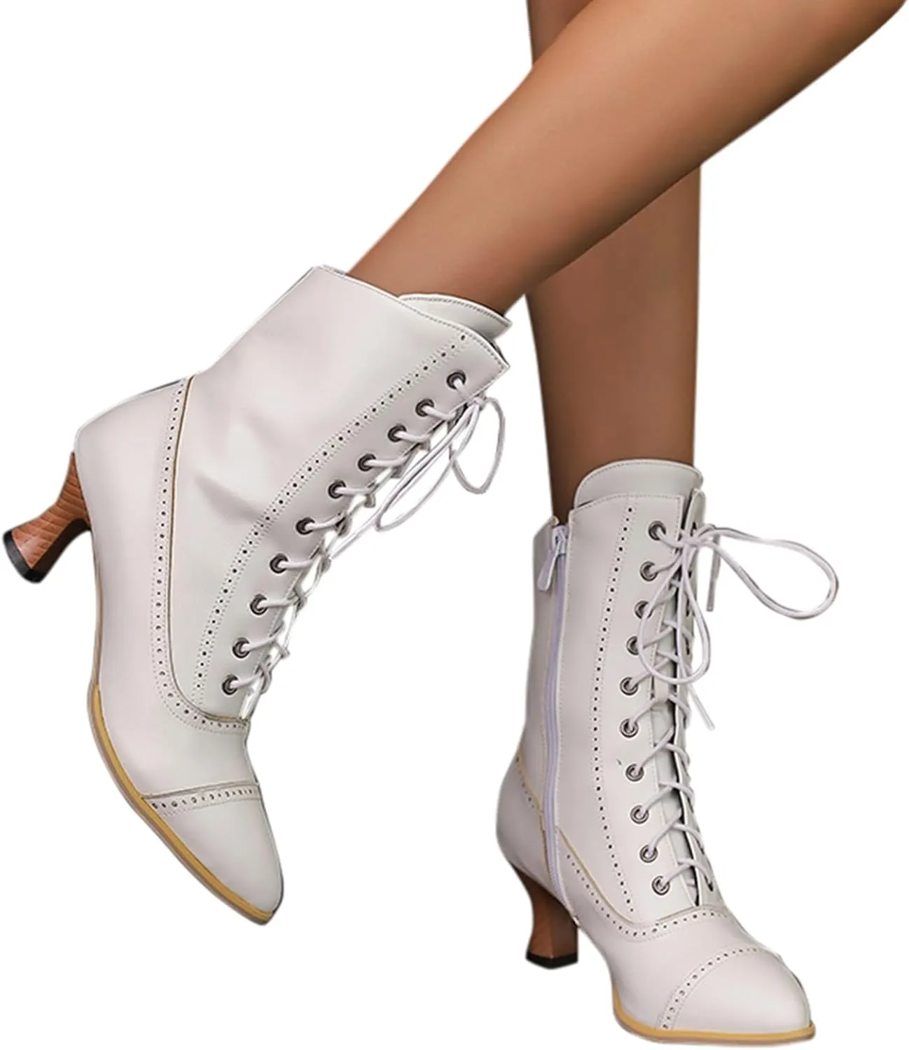 Ankle Boots for Women Victorian Boots Mid Calf Boots Round Toe Black Boots Chunky Heel Lace Up Witch Boot Knight Boot