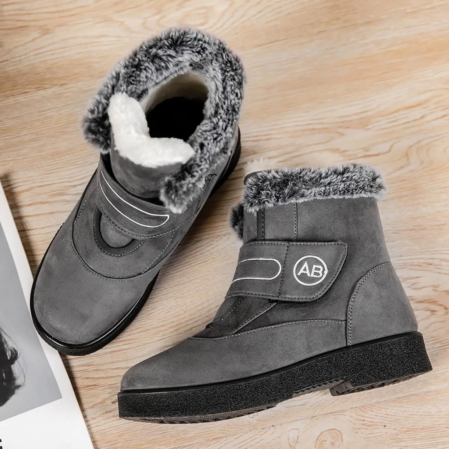 Ankle Boots for Women Warm Fur Lined Winter Snow Boots Outdoor Comfortable Flat Booties Leather Round Toe Booties