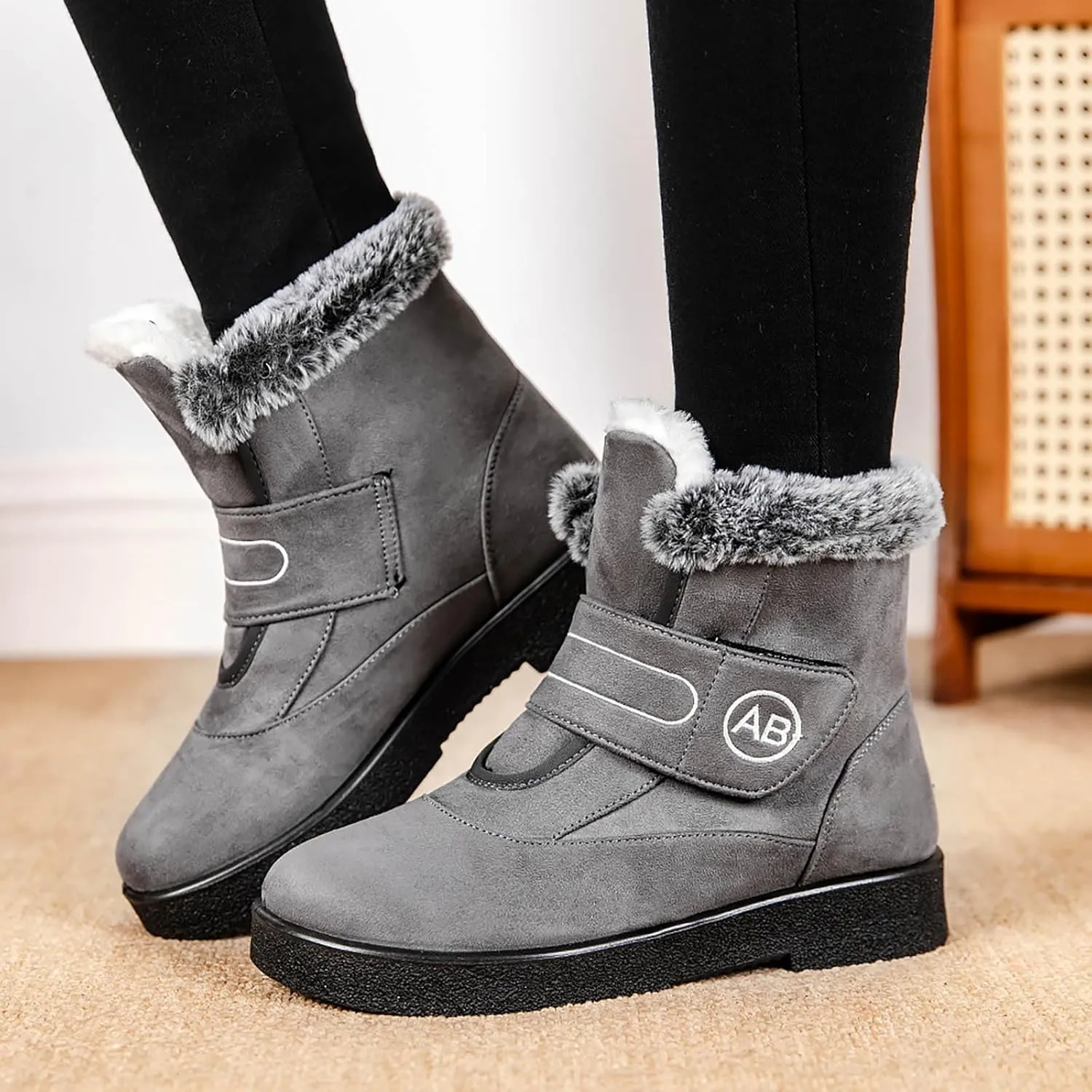 Ankle Boots for Women Warm Fur Lined Winter Snow Boots Outdoor Comfortable Flat Booties Leather Round Toe Booties