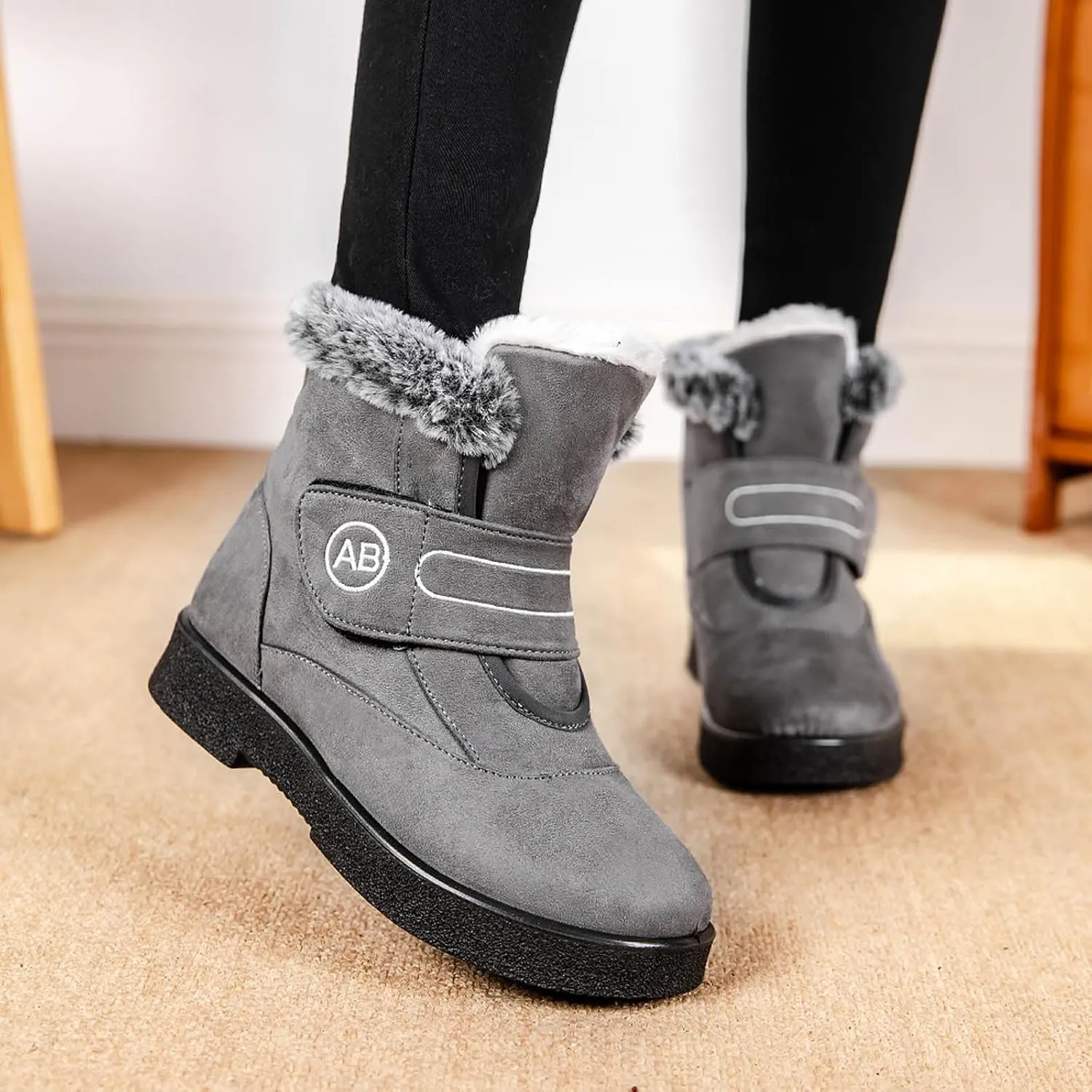 Ankle Boots for Women Warm Fur Lined Winter Snow Boots Outdoor Comfortable Flat Booties Leather Round Toe Booties