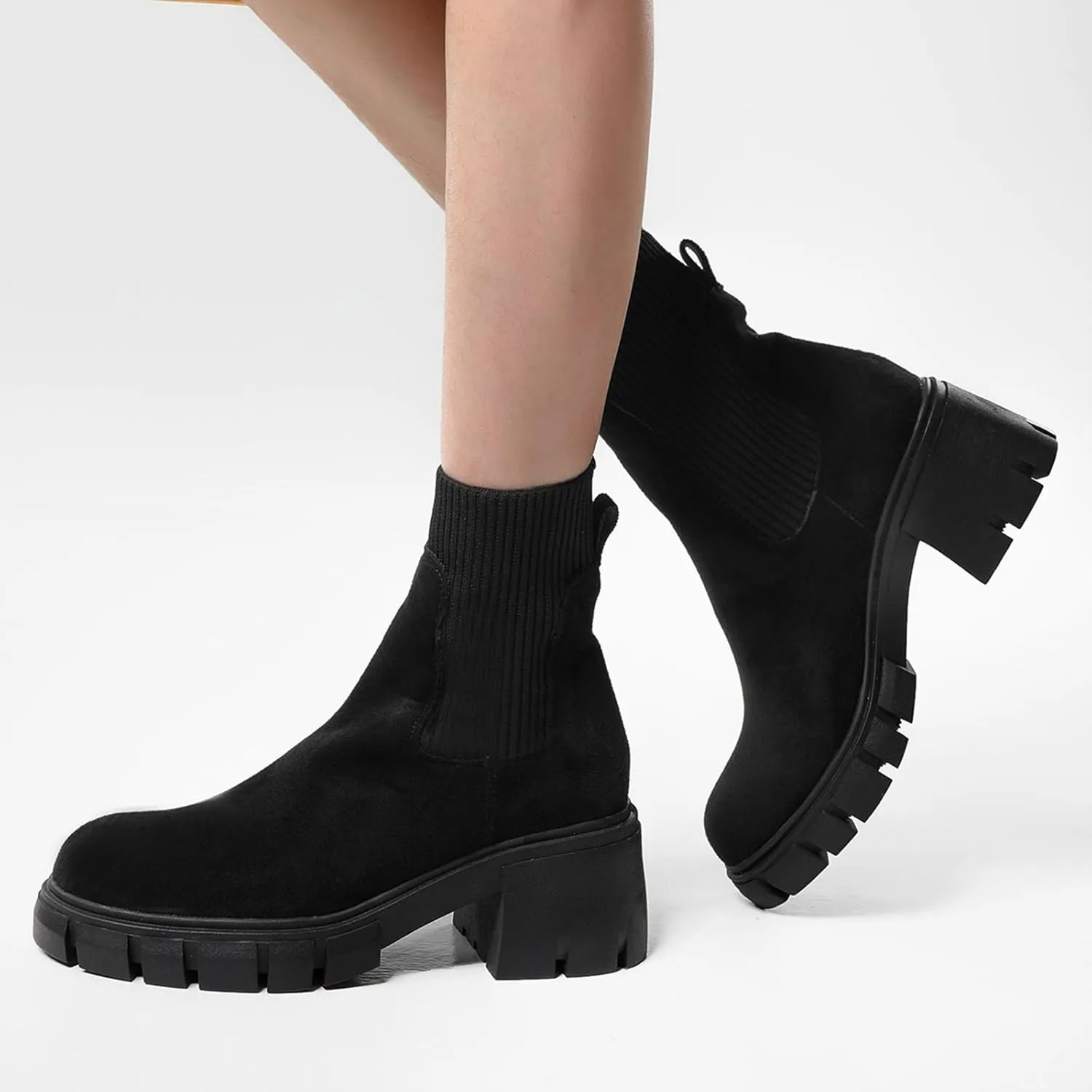 Ankle Boots for Women Women's Chelsea Fashion Lug Sole Chunky Heel Slip on Platform Elastic Round Toe Ankle Booties
