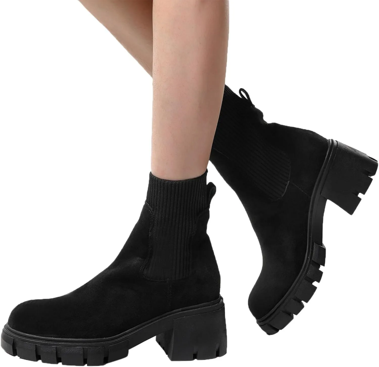 Ankle Boots for Women Women's Chelsea Fashion Lug Sole Chunky Heel Slip on Platform Elastic Round Toe Ankle Booties