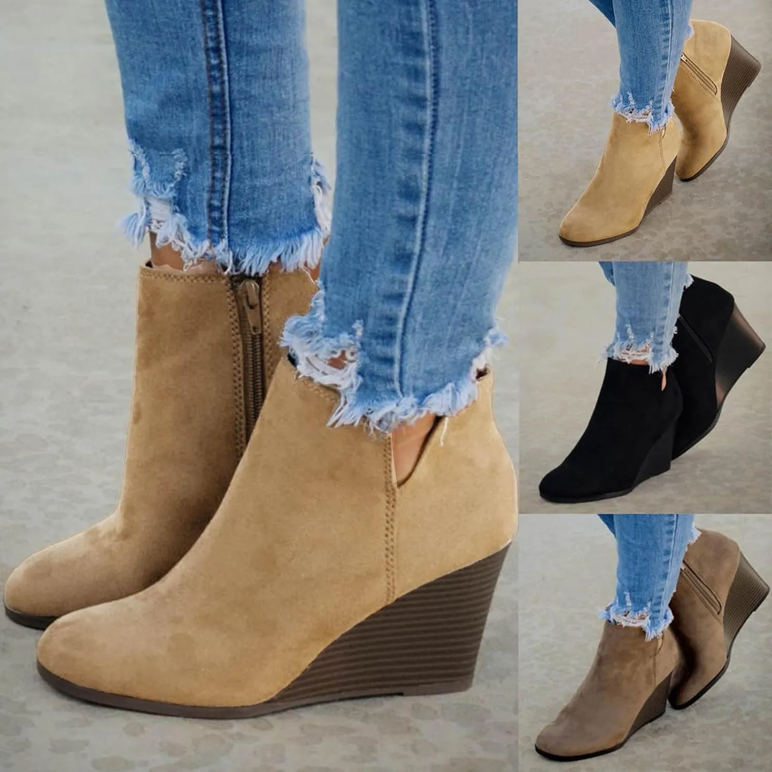 Ankle Boots for Women, Womens Cowboy Boots Low Heel Pointed Toe Retro Cowgirl Boots Chunky Heels Zipper Short Boots