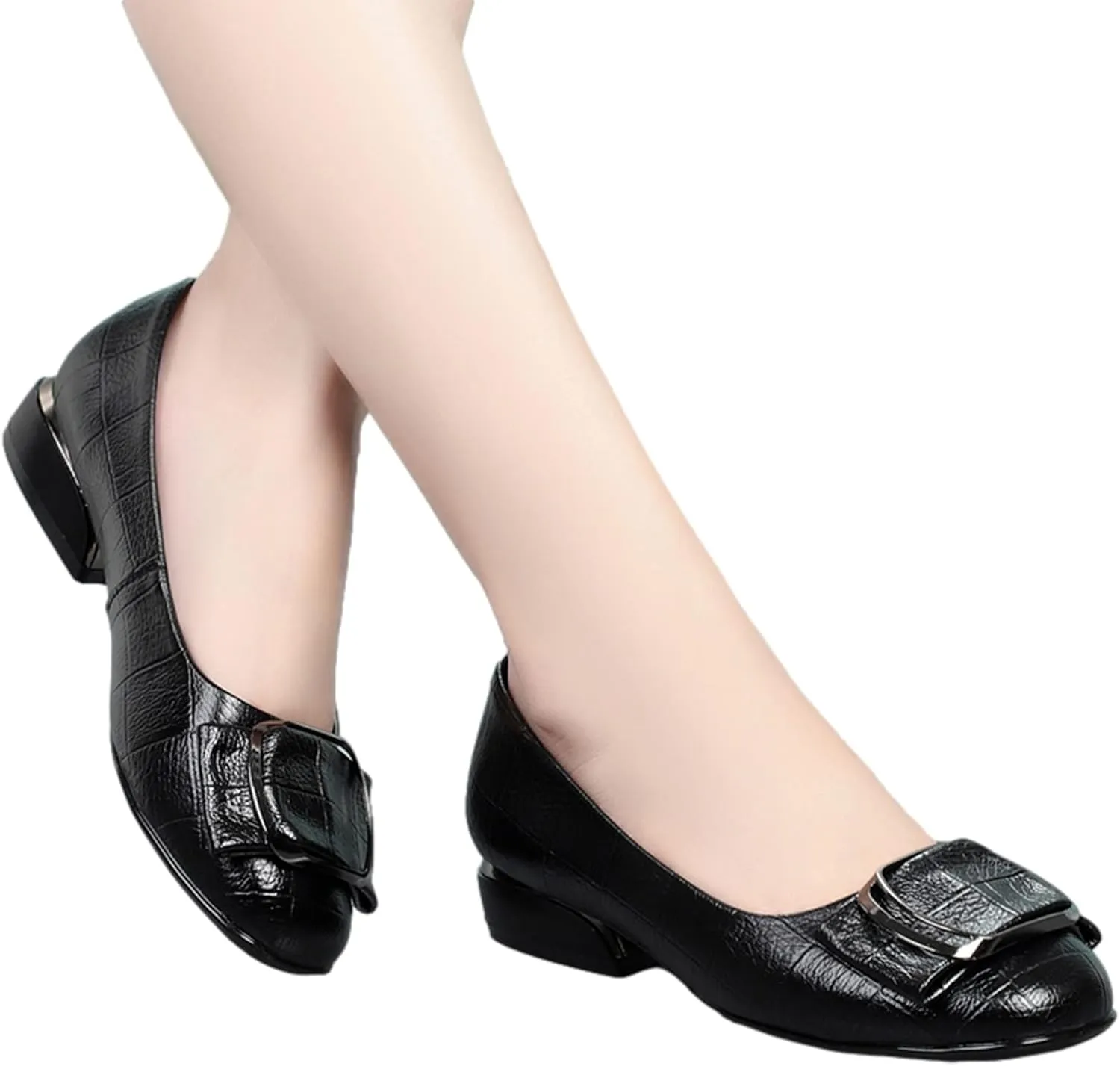 ANUFER Women's Fashion Square Toe Buckle Leather Pumps Shoes Low Chunky Heel Ballerinas