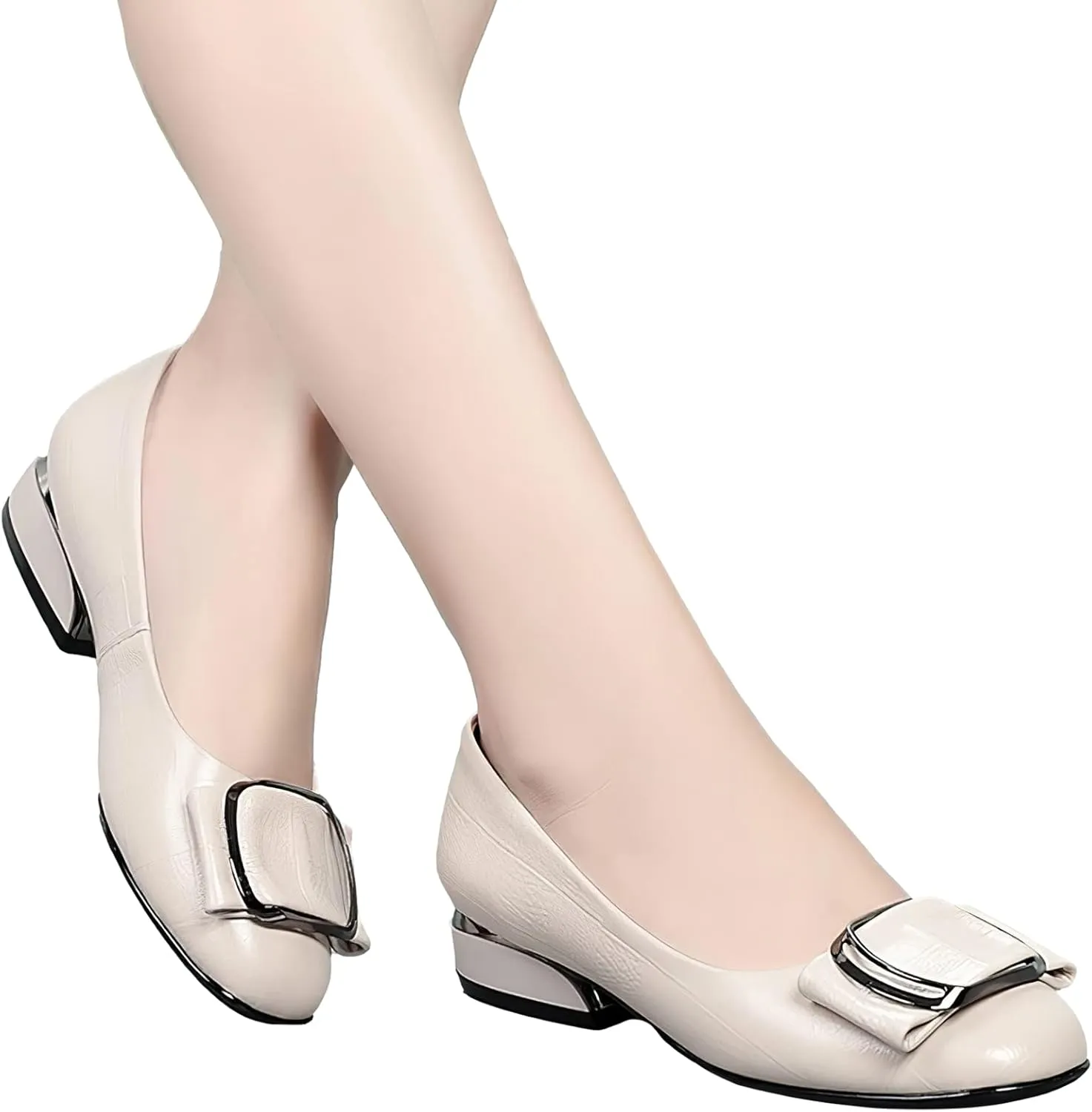 ANUFER Women's Fashion Square Toe Buckle Leather Pumps Shoes Low Chunky Heel Ballerinas