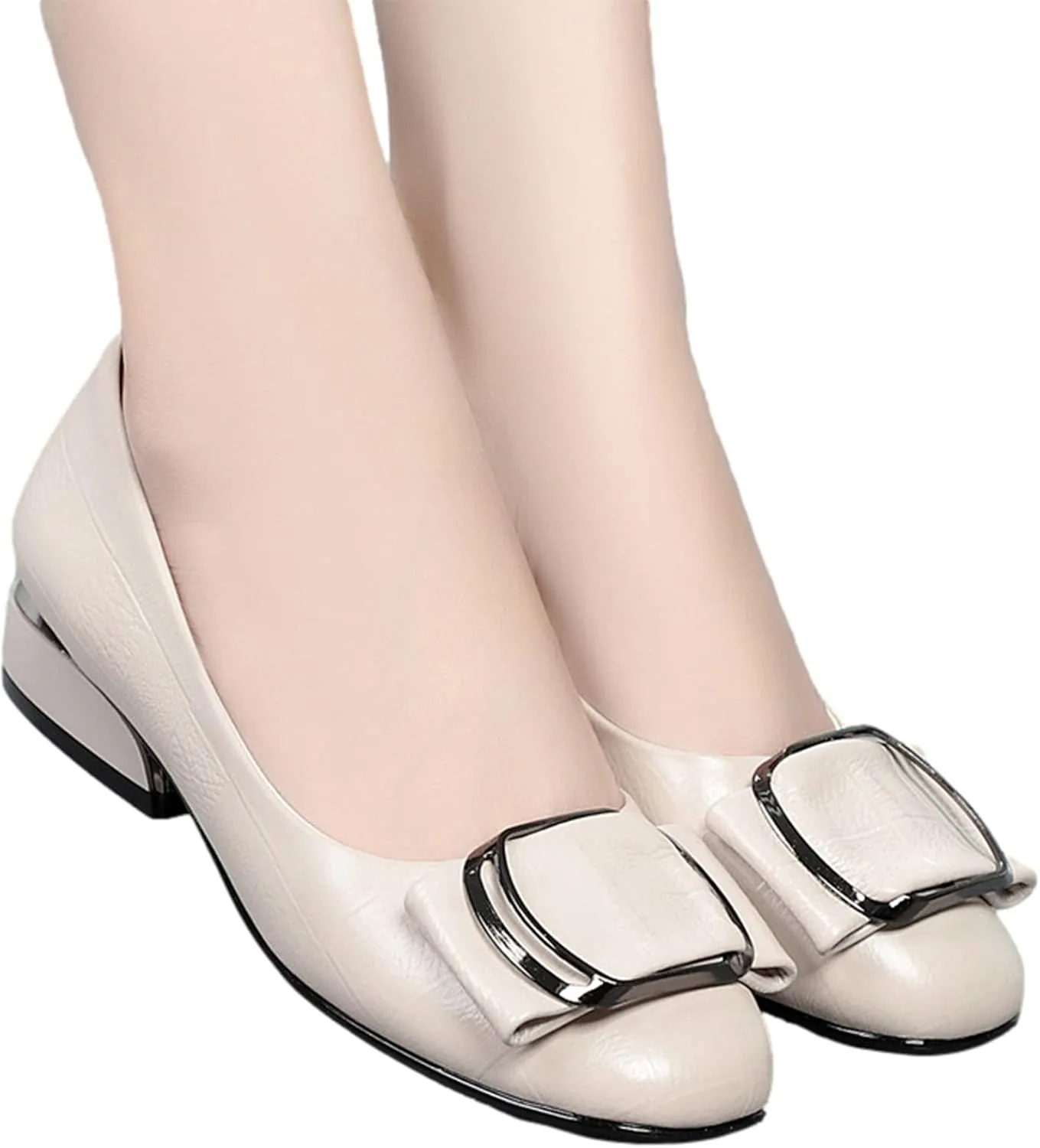 ANUFER Women's Fashion Square Toe Buckle Leather Pumps Shoes Low Chunky Heel Ballerinas