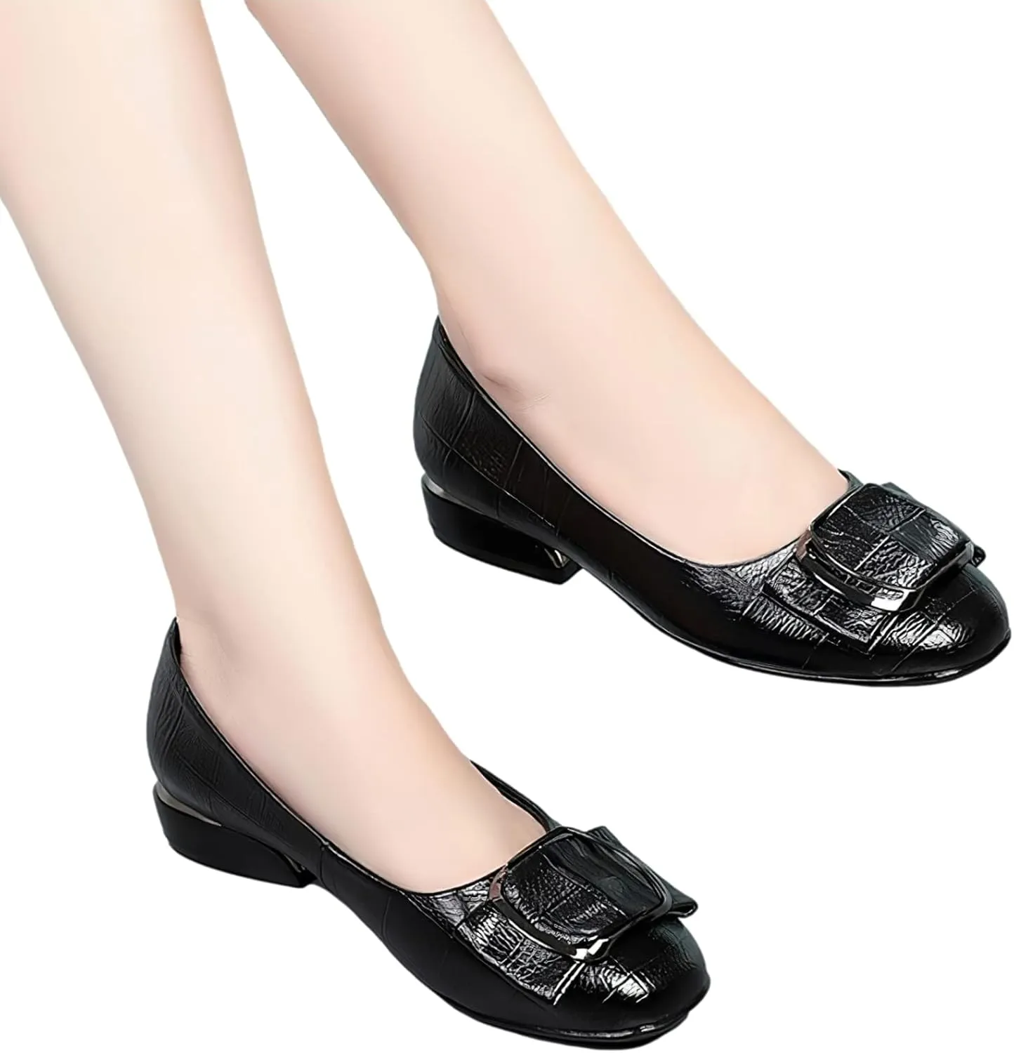 ANUFER Women's Fashion Square Toe Buckle Leather Pumps Shoes Low Chunky Heel Ballerinas