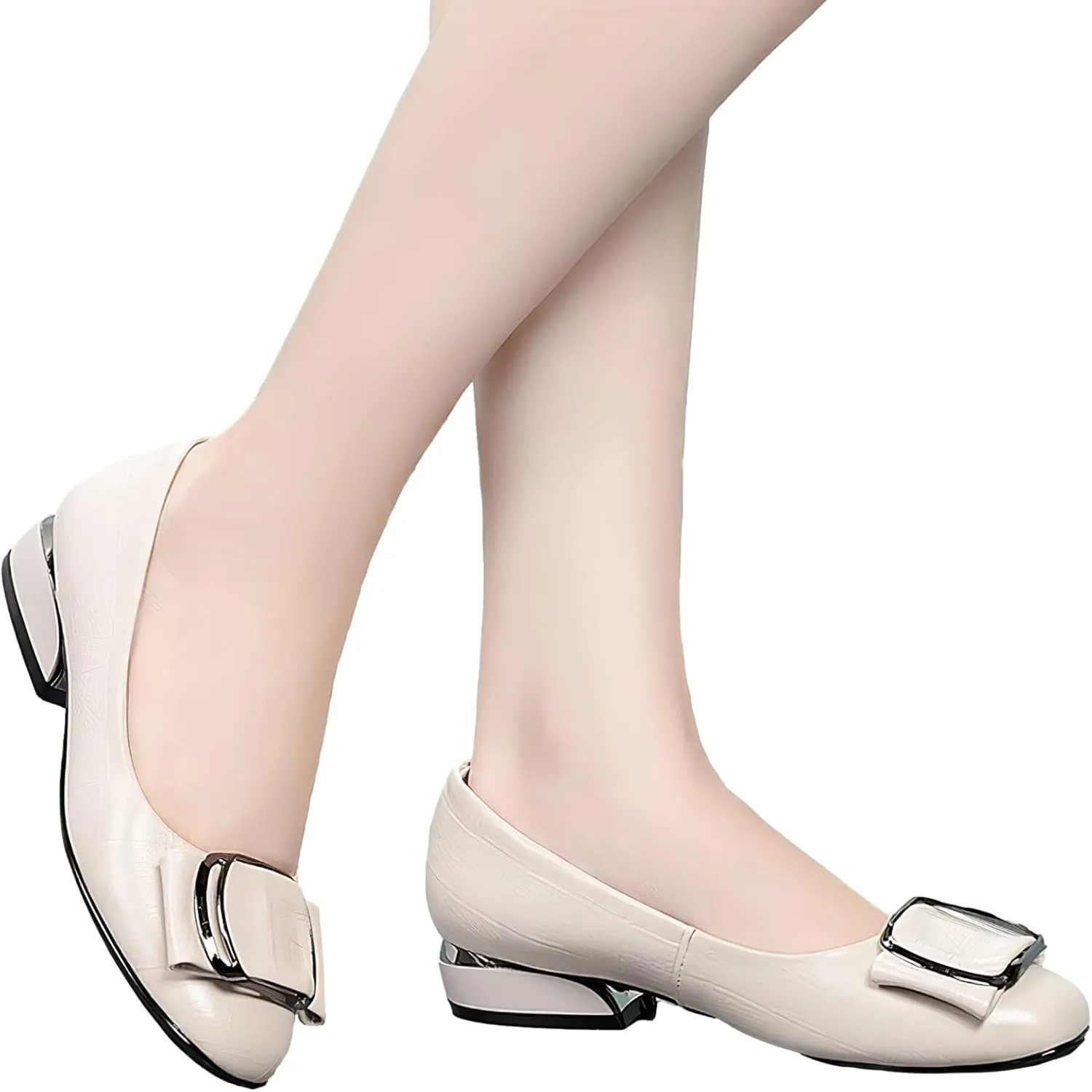 ANUFER Women's Fashion Square Toe Buckle Leather Pumps Shoes Low Chunky Heel Ballerinas