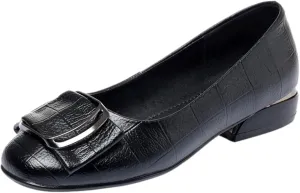ANUFER Women's Fashion Square Toe Buckle Leather Pumps Shoes Low Chunky Heel Ballerinas