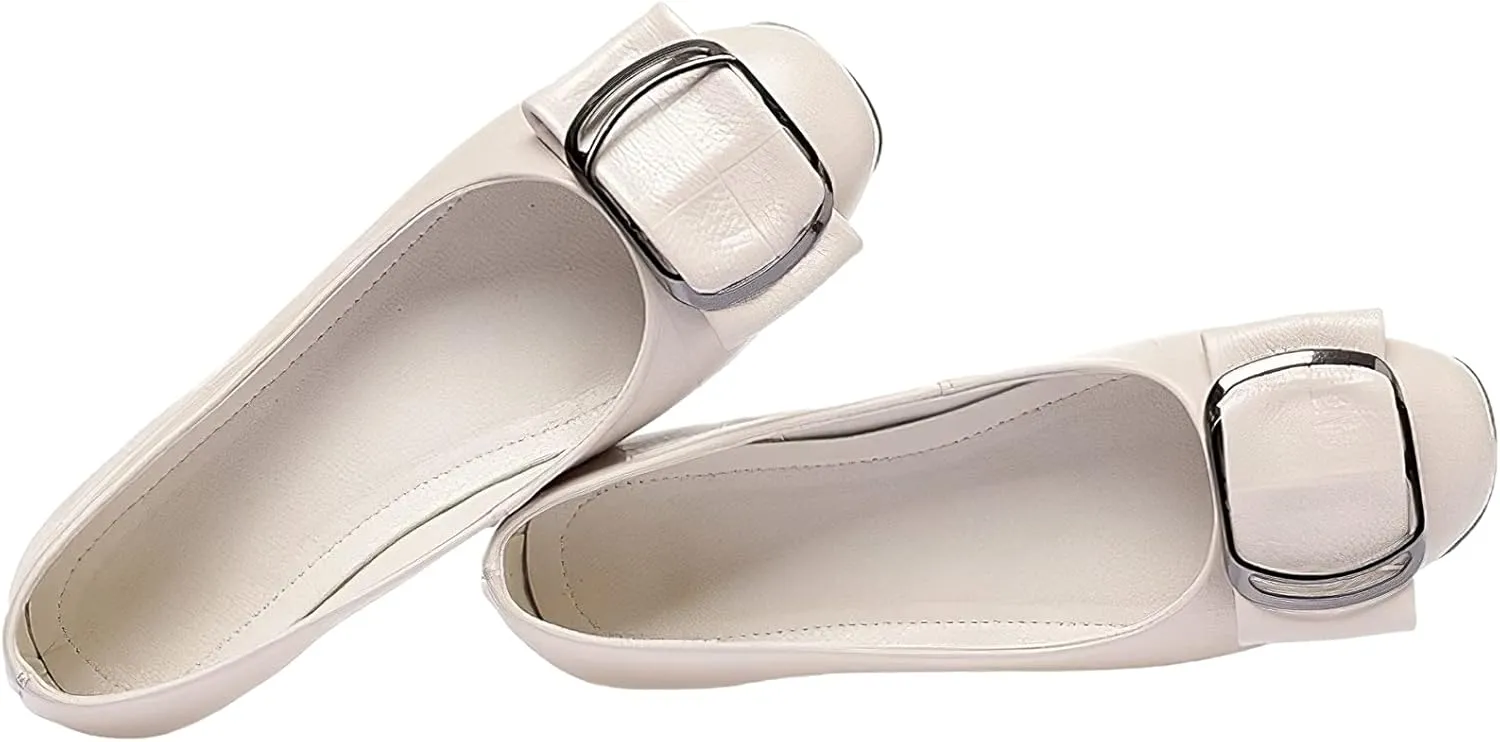 ANUFER Women's Fashion Square Toe Buckle Leather Pumps Shoes Low Chunky Heel Ballerinas