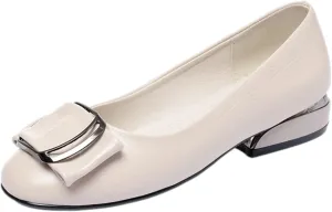 ANUFER Women's Fashion Square Toe Buckle Leather Pumps Shoes Low Chunky Heel Ballerinas