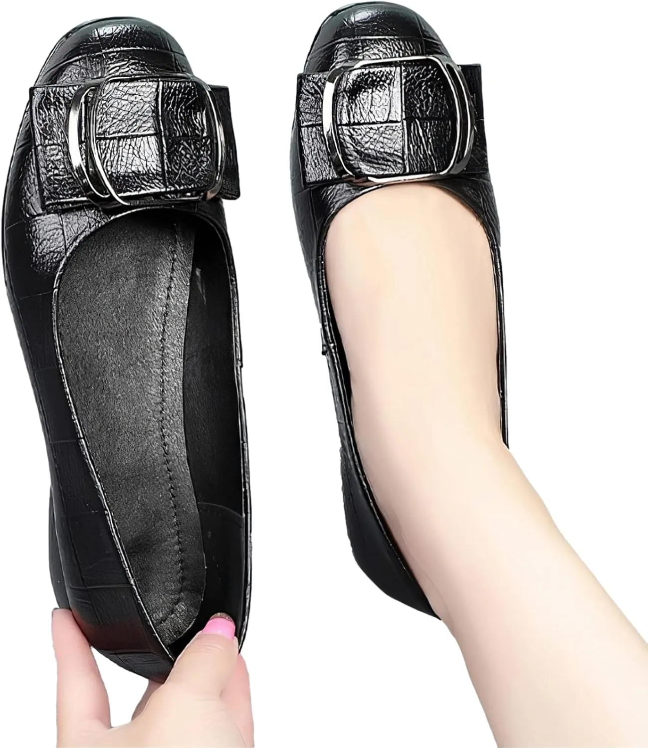 ANUFER Women's Fashion Square Toe Buckle Leather Pumps Shoes Low Chunky Heel Ballerinas