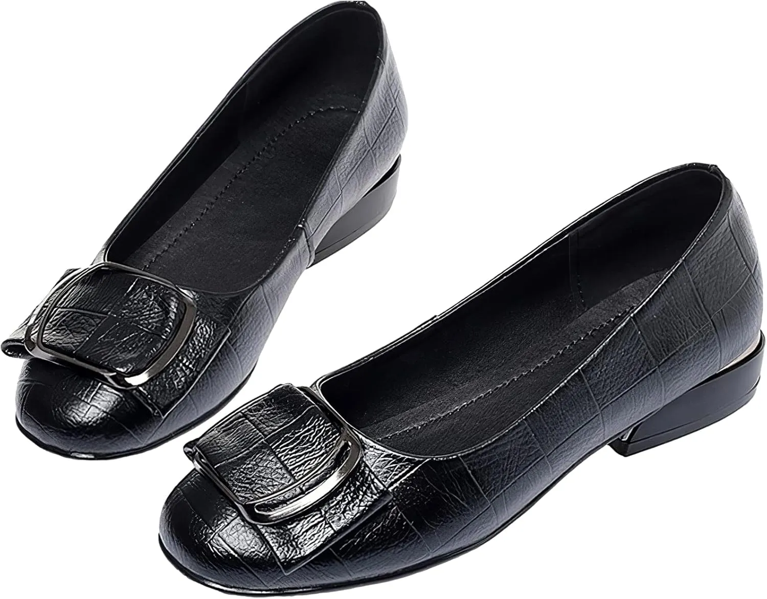 ANUFER Women's Fashion Square Toe Buckle Leather Pumps Shoes Low Chunky Heel Ballerinas