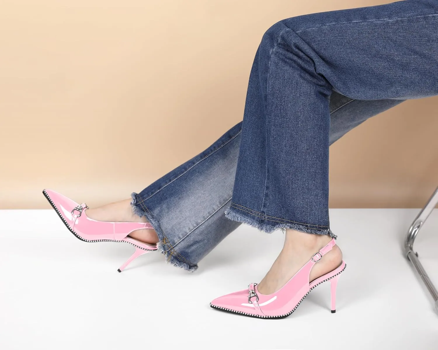 AUMOTED Women Beaded Pumps Slingback High Heel Stilettos Pointed Toe Shoes Slip On 3.5 Inch Ankle Strap Adjustable Patent Leather US Size 5-13