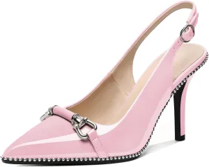 AUMOTED Women Beaded Pumps Slingback High Heel Stilettos Pointed Toe Shoes Slip On 3.5 Inch Ankle Strap Adjustable Patent Leather US Size 5-13