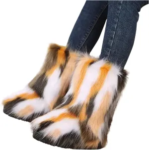 Bcshiye Fur Winter Boots for Women,Gradient Winter Mid-Calf Snow Boots Fuzzy Fluffy Furry Fashion Short Snow Boots