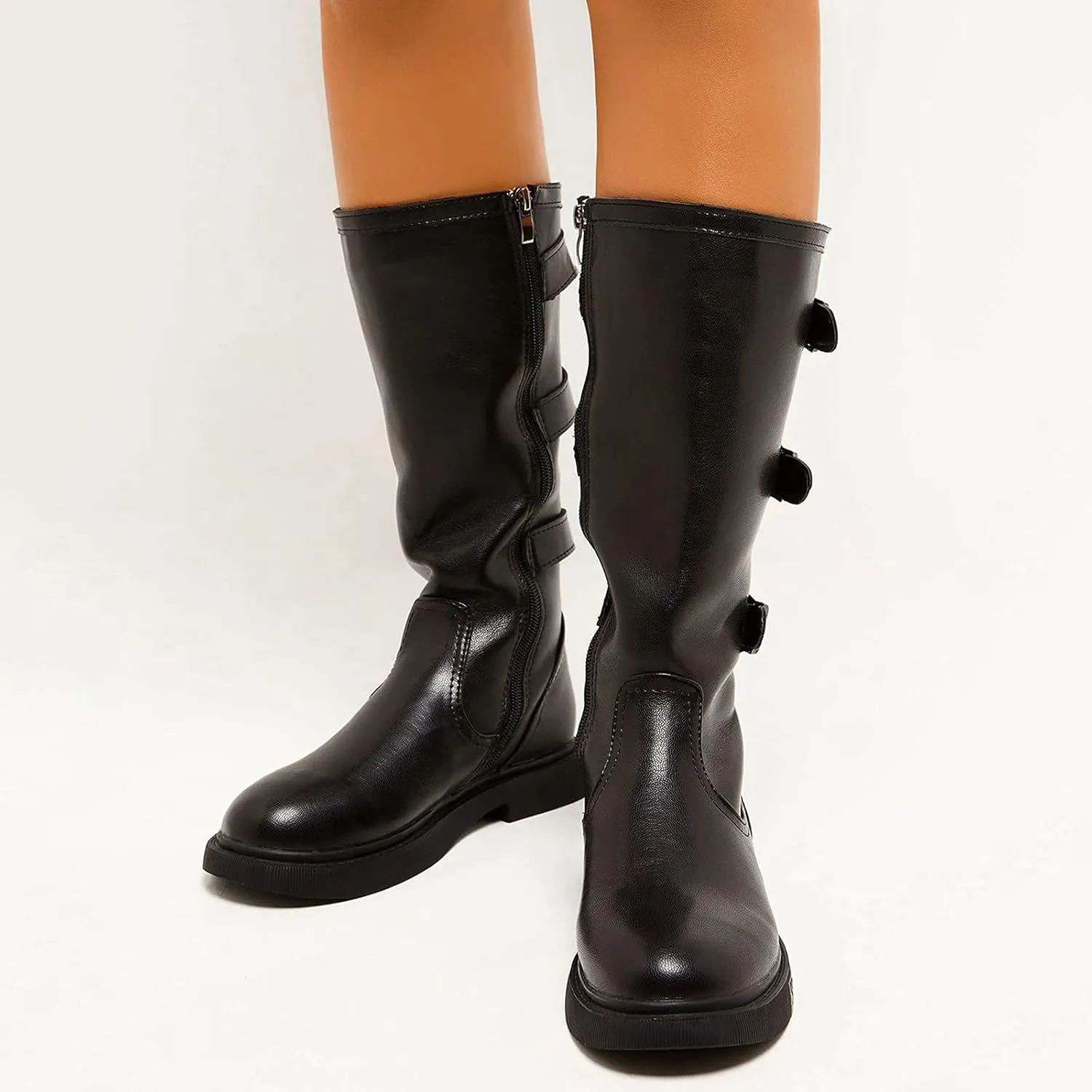 Bcshiye Women Round Toe Mid Calf Winter Boots Slip On Waterproof Riding Boots With Zipper Fashion Buckle Strap Snow Boots